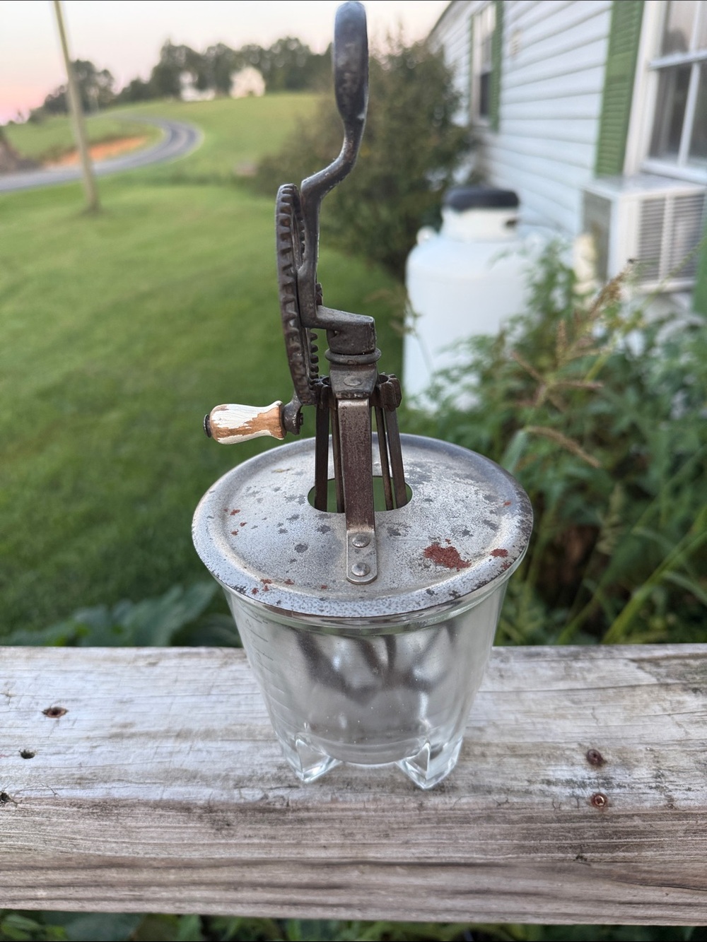 Hand-Crank Butter Churn with Clear Glass Jar and Silver Metal Lid egg beater